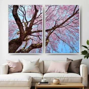 Kit Quadro Decorativo Árvore Com Folhes Tons Rosa