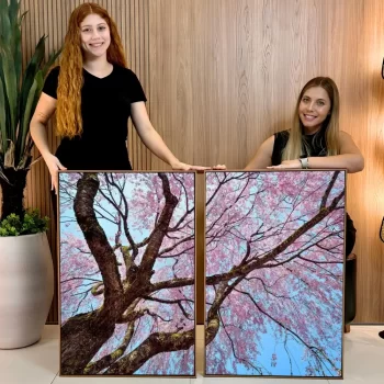 Kit Quadro Decorativo Árvore Com Folhes Tons Rosa
