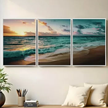 Kit Quadro Decorativo Pôr Do Sol Na Praia 3 Partes