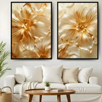 Kit Quadro Decorativo Flor Metalizada Ouro