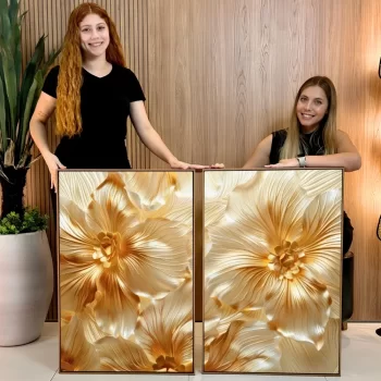 Kit Quadro Decorativo Flor Metalizada Ouro
