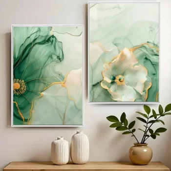 Kit Quadro Decorativo Flor Abstrata Verde