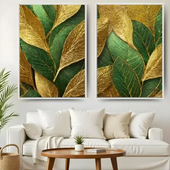 Kit Quadro Decorativo Folhas Metalizadas Ouro