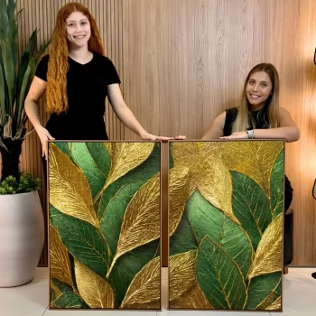 Kit Quadro Decorativo Folhas Metalizadas Ouro