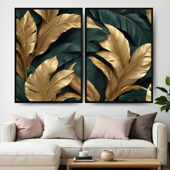 Kit Quadro Decorativo Folhas Tropicais Gold