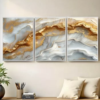 Kit Quadro Decorativo Abstrato Pedra Gold 3 Partes