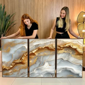 Kit Quadro Decorativo Abstrato Pedra Gold 3 Partes