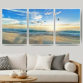 Kit Quadro Decorativo Pássaros Na Praia 3 Partes